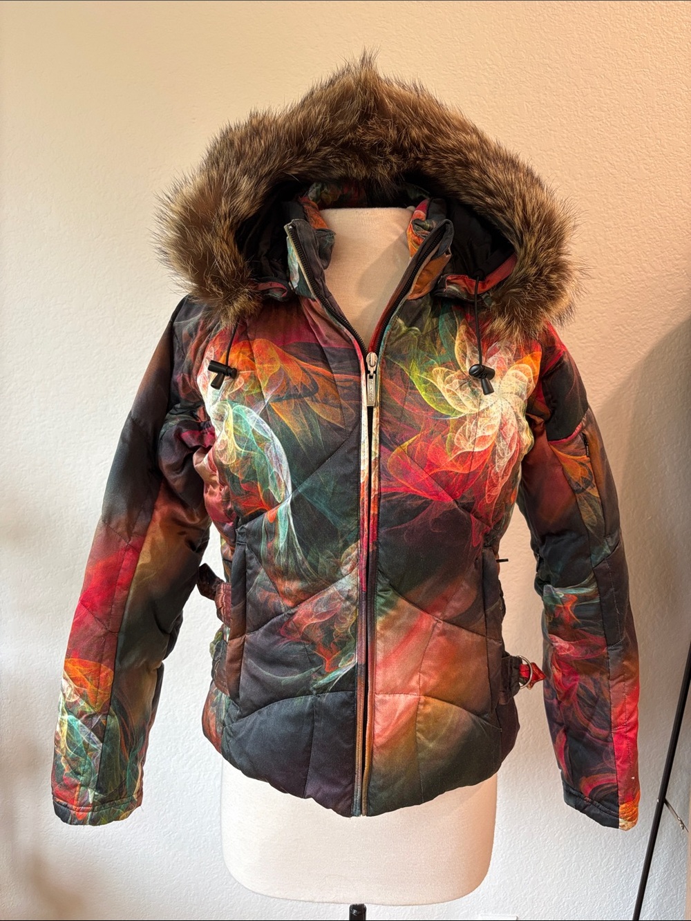 Skea Limited ski jacket silk and cotton with fur lined hood and down interior